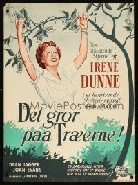 5j545 IT GROWS ON TREES Danish '52 Wenzel art of Irene Dunne picking money from tree!