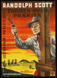 5j616 THUNDER OVER THE PLAINS Danish '54 Mailind art of cowboy Randolph Scott w/gun!