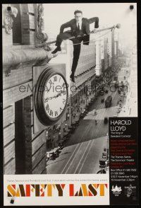 5j081 SAFETY LAST English double crown R90s classic Harold Lloyd hanging from clock over street!