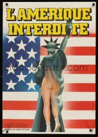 5j799 THIS IS AMERICA French 15x21 '82 wacky different art of half-naked Lady Liberty by Landi!