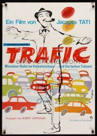 5j326 TRAFFIC German '71 great different art of Jacques Tati as Mr. Hulot by Feiglova!