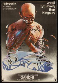 5j198 GANDHI Polish 27x38 '84 great Woltman artwork of Ben Kingsley as The Mahatma!