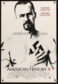 5k037 AMERICAN HISTORY X DS 1sh '98 B&W image of Edward Norton as skinhead neo-Nazi!