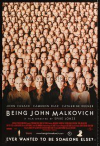 5k077 BEING JOHN MALKOVICH int'l 1sh '99 Spike Jonze, wacky image of lots of Malkovich masks!
