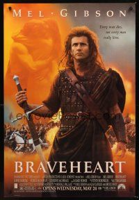 5k097 BRAVEHEART advance DS 1sh '95 cool image of Mel Gibson as William Wallace!