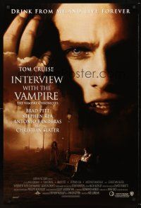 5k378 INTERVIEW WITH THE VAMPIRE advance 1sh '94 close up of fanged Tom Cruise, Brad Pitt, Anne Rice
