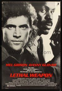 5k459 LETHAL WEAPON 1sh '87 great close image of cop partners Mel Gibson & Danny Glover!