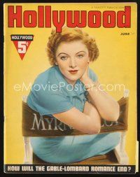 5m089 HOLLYWOOD magazine June 1937 portrait of pretty Myrna Loy sitting in her chair!