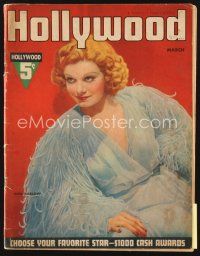 5m086 HOLLYWOOD magazine March 1937 wonderful portrait of sexy Jean Harlow in feathered dress!