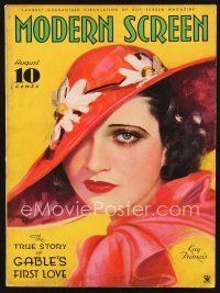 5m081 MODERN SCREEN magazine August 1934 incredible artwork of beautiful glamorous Kay Francis!