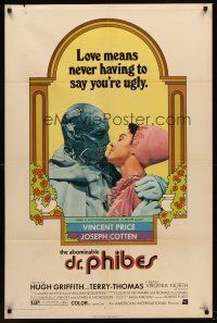 5p025 ABOMINABLE DR. PHIBES 1sh '71 Vincent Price says love means never having to say you're ugly!