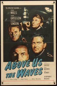5p027 ABOVE US THE WAVES 1sh '56 art of John Mills & English WWII sailors at periscope in sub!