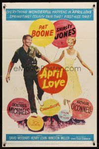 5p072 APRIL LOVE 1sh '57 full-length romantic art of Pat Boone & sexy Shirley Jones!