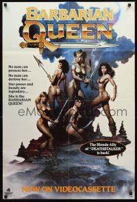 5p080 BARBARIAN QUEEN video 1sh '85 sexy artwork of five near-naked female warriors by Boris Vallejo
