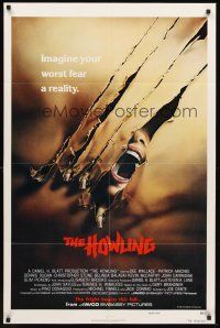 5p460 HOWLING teaser 1sh '81 Joe Dante, cool image of screaming female attacked by werewolf!