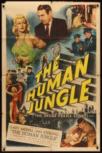 5p461 HUMAN JUNGLE 1sh '54 Gary Merrill, sexy Jan Sterling, the inside police story!