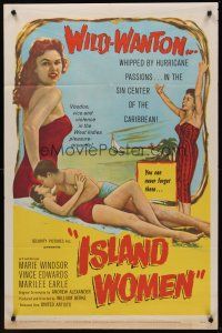 5p483 ISLAND WOMEN 1sh '58 voodoo, vice & violence, sexy tropical wild-wanton Marie Windsor!
