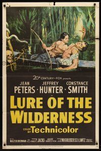 5p558 LURE OF THE WILDERNESS 1sh '52 art of sexy Jean Peters holding wounded Jeff Hunter in swamp!