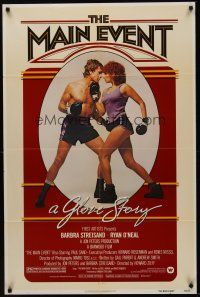 5p573 MAIN EVENT 1sh '79 great full-length image of Barbra Streisand boxing with Ryan O'Neal!