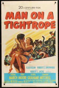 5p581 MAN ON A TIGHTROPE 1sh '53 directed by Elia Kazan, pretty circus performer Terry Moore!