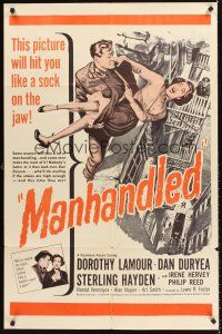 5p584 MANHANDLED military 1sh R60s art of terrified Dorothy Lamour being thrown off building!