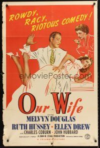 5p680 OUR WIFE style B signed 1sh '41 by Ellen Drew, Melvyn Douglas, Ruth Hussey, spanking!
