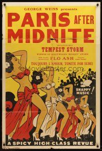 5p688 PARIS AFTER MIDNIGHT 1sh '51 Tempest Storm, great artwork of sexy burlesque showgirls!