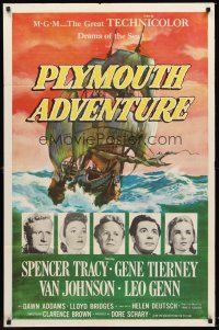 5p707 PLYMOUTH ADVENTURE 1sh '52 Spencer Tracy, Gene Tierney, cool art of ship at sea!