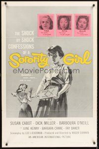 5p838 SORORITY GIRL 1sh '57 AIP, the shock by shock confessions of a bad girl, great art!