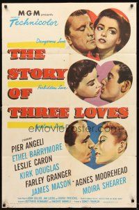 5p857 STORY OF THREE LOVES 1sh '53 Kirk Douglas, Pier Angeli, Leslie Caron, Granger, Mason