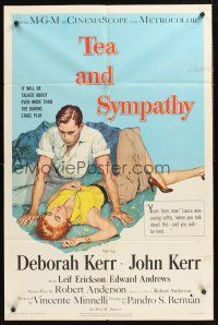 5p883 TEA & SYMPATHY 1sh '56 great artwork of Deborah Kerr & John Kerr by Gale, classic tagline!