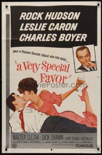 5p936 VERY SPECIAL FAVOR 1sh '65 Charles Boyer, Rock Hudson tries to unwind sexy Leslie Caron!