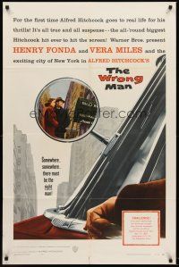 5p988 WRONG MAN 1sh '57 Henry Fonda, Vera Miles, Alfred Hitchcock, cool rear view mirror art!