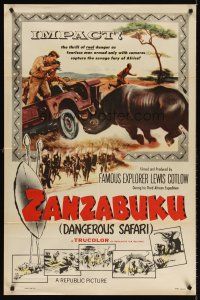 5p996 ZANZABUKU 1sh '56 Dangerous Safari in savage Africa, art of rhino ramming jeep!
