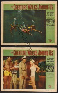 5r997 CREATURE WALKS AMONG US 2 LCs '56 great images of scuba divers, but no monster!