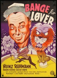 5t533 KEINE ANGST VOR GROBEN TIEREN Danish '54 wacky art of Heinz Ruhmann with circus lion!