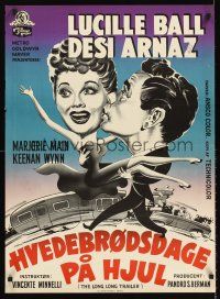 5t545 LONG, LONG TRAILER Danish '54 Gaston art of Lucy Ball, Desi Arnaz & huge RV!