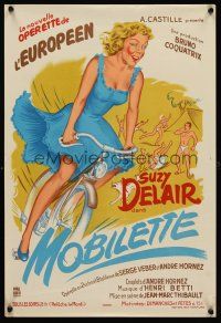 5t343 MOBILETTE stage play French 15x21 '52 cool art of pretty girl on bicycle!