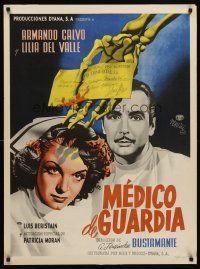 5t053 MEDICO DE GUARDIA Mexican poster '50 art of Calvo, nurse Lilia Del Valle & skeleton w/check!
