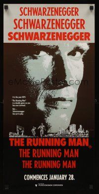 5x241 RUNNING MAN teaser Aust daybill '87 huge close up headshot of Arnold Schwarzenegger!