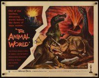 5x008 ANIMAL WORLD 1/2sh '56 great artwork of prehistoric dinosaurs & erupting volcano!