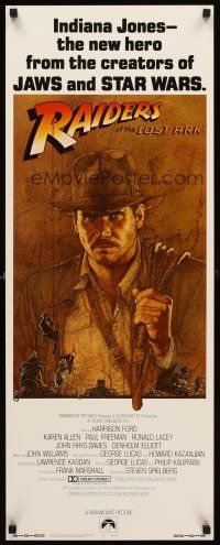 5x169 RAIDERS OF THE LOST ARK int'l insert '81 great art of adventurer Harrison Ford by Richard Amsel!