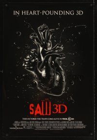 5x527 SAW 3D advance DS 1sh '10 Tobin Bell, Costas Mandylor, cool b&w image of pounding heart!