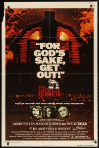5y124 AMITYVILLE HORROR 1sh '79 great image of haunted house, for God's sake get out!