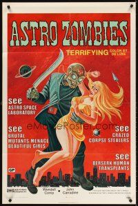 5y136 ASTRO-ZOMBIES 1sh R71 Ted V. Mikels, art of wacky creature w/huge knife attacking sexy girl!
