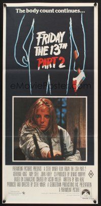 5y021 FRIDAY THE 13th PART II Aust daybill '81 Amy Steel with pitchfork in slasher horror sequel!