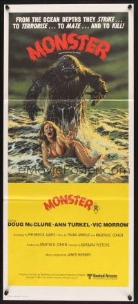 5y024 HUMANOIDS FROM THE DEEP Aust daybill '80 art of Monster looming over sexy girl on beach!