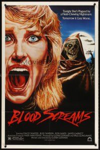 5y170 BLOOD SCREAMS 1sh '88 tonight she's plagued by a flesh-chewing nightmare, cool horror art!