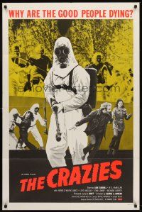 5y224 CRAZIES 1sh '73 George Romero, great super close image of creepy hooded man in gas mask!