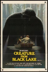 5y225 CREATURE FROM BLACK LAKE 1sh '76 cool art of monster looming over guys in boat by McQuarrie!